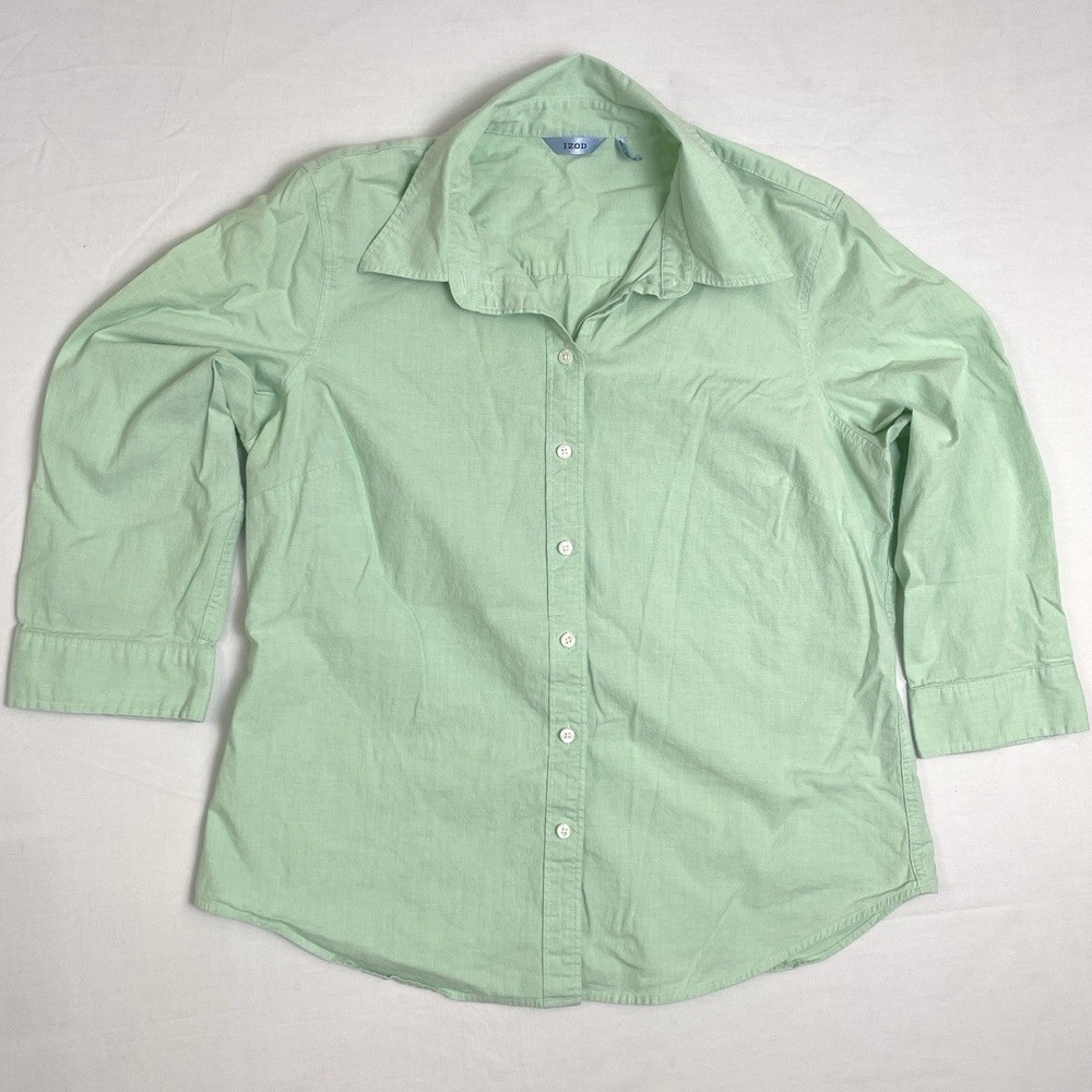 IZOD‎ Womens Green Botton Up Shirt 3/4 Sleeve Casual Workwear Top